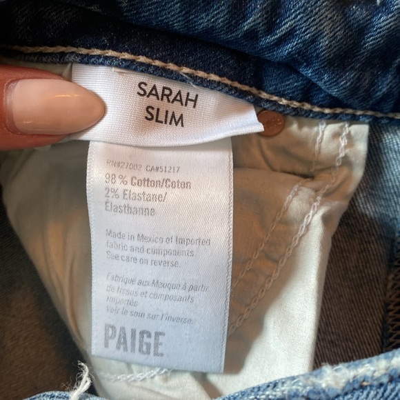 Paige Sarah Slim Distressed Knee Straight Leg High Rise Mid Wash Jeans Size 27 - Picture 10 of 13